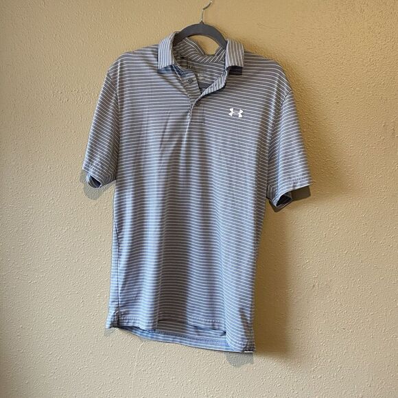 Under Armour Polo Shirt - XL -‎ Heatgear - Gray/White Stripe - Picture 1 of 9